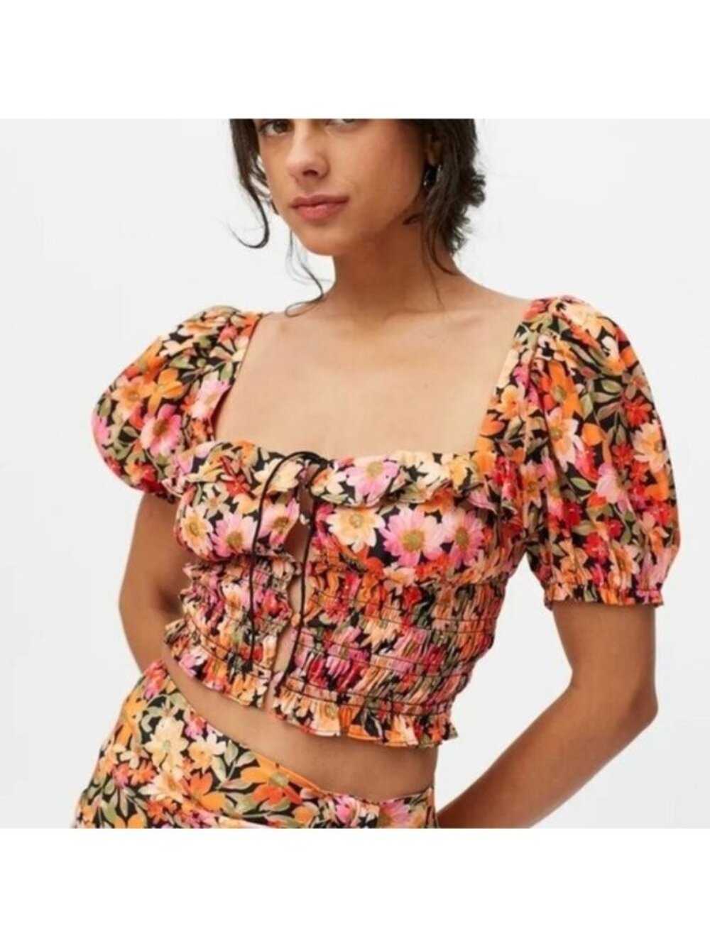 For Love and Lemons Sylvie Puff Sleeve Crop Top XS Orange Pink Floral Smocked